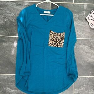Zenana blue long sleeve shirt with leopard pocket size medium